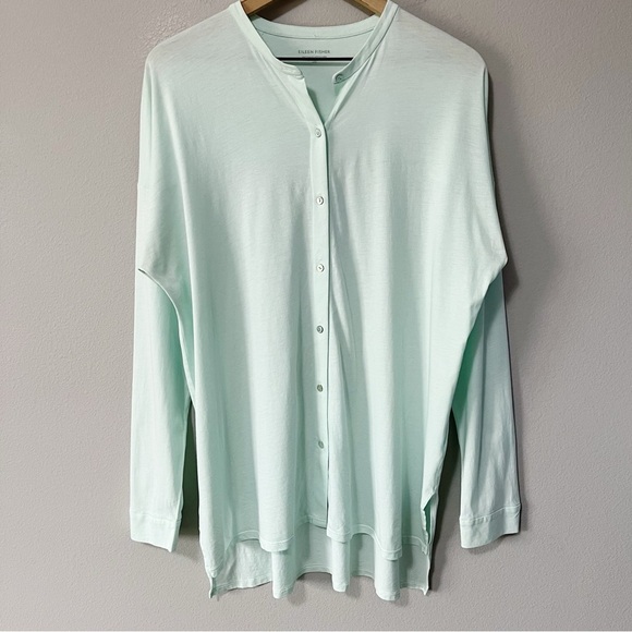 Eileen Fisher Organic Cotton Button Front Tunic Top Long Sleeve Mint Green Large - Picture 1 of 10